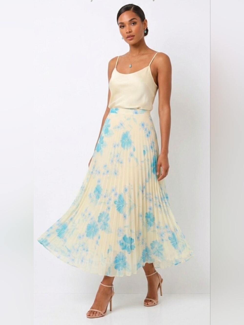 Pleated Floral Maxi Skirt - Cream with Blue Floral